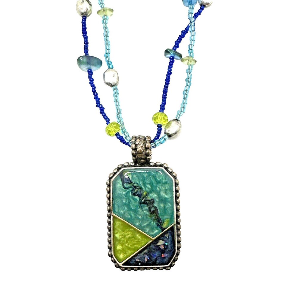 Vintage LAURA ASHLEY Blue Green Enamel Pendant Necklace Beaded Double Strand 16"
